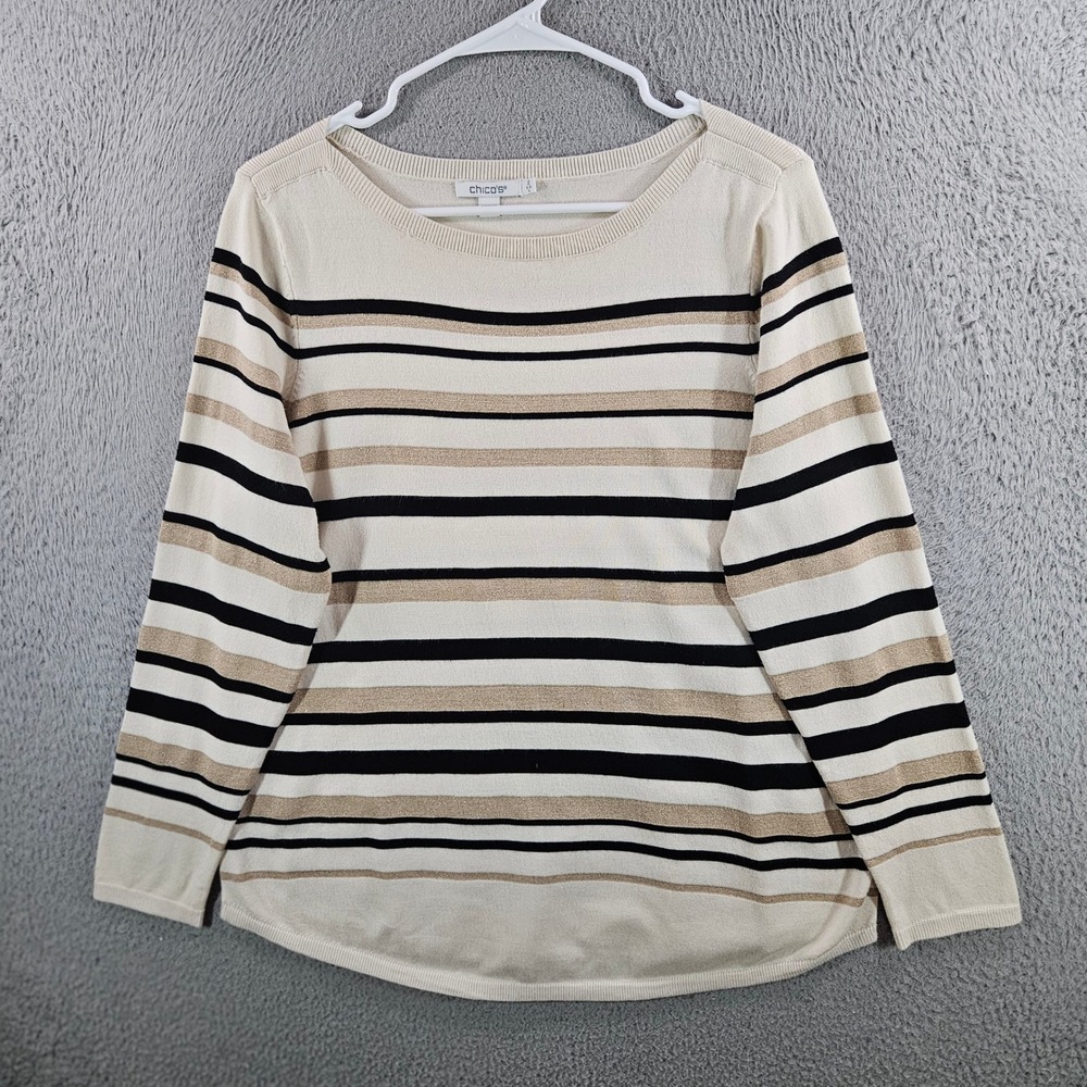 Chicos Sweater Womens 2 Large Cream Black Gold Metallic Striped Boat Neck Knit